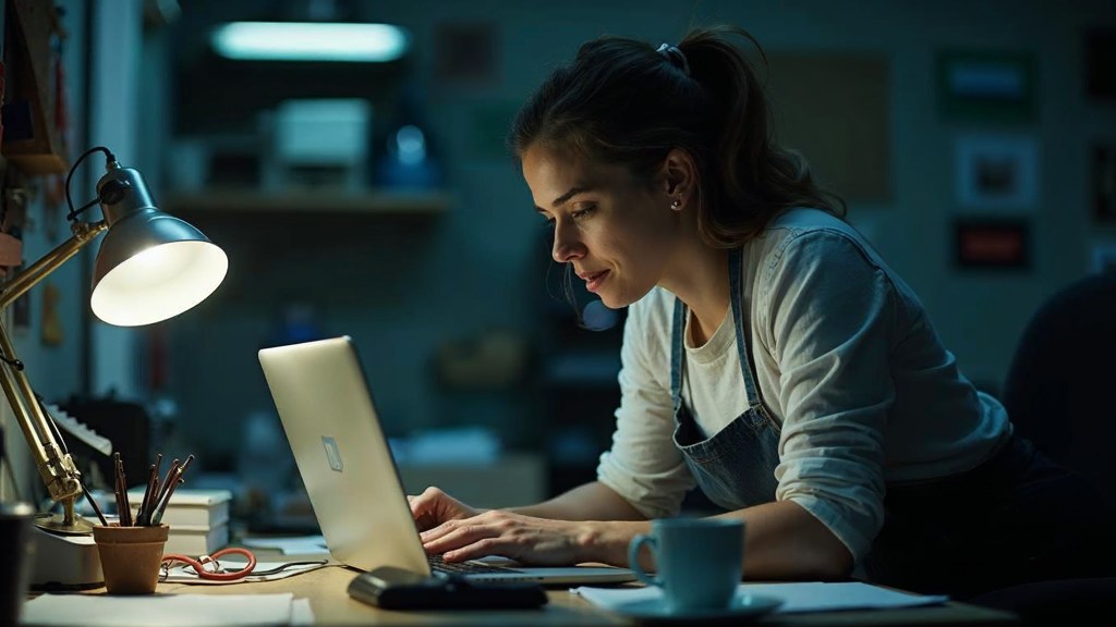 A small-business owner in an apron leaning over a laptop on a cluttered back-office desk late in the day, photographed in New Orleans