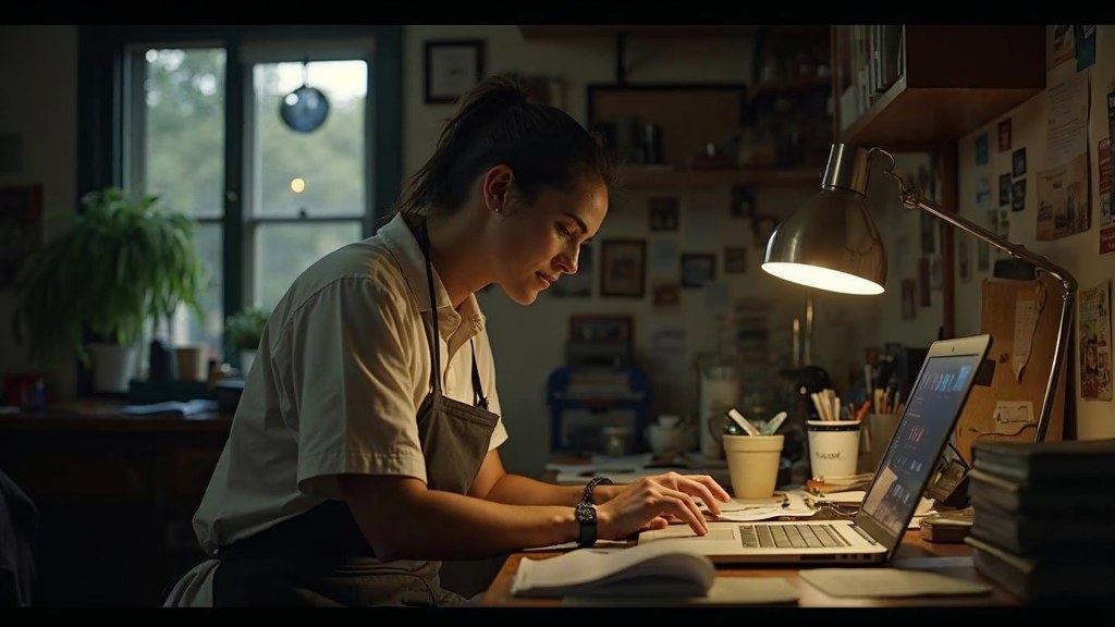 A small-business owner in an apron leaning over a laptop on a cluttered back-office desk late in the day, photographed in New Orleans