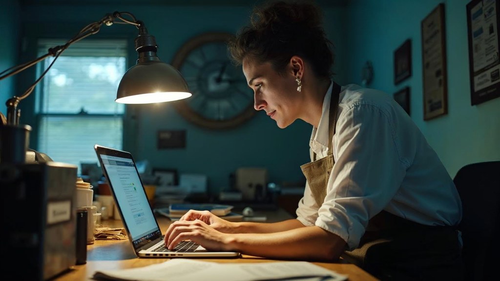 A small-business owner in an apron leaning over a laptop on a cluttered back-office desk late in the day, photographed in New Orleans