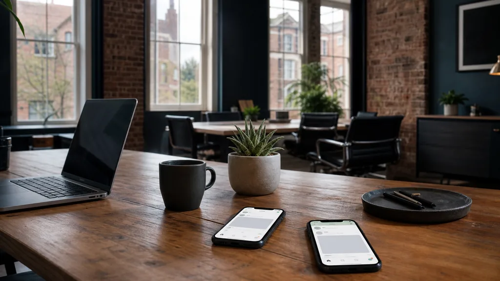 Editorial photograph of a Bristol studio with exposed brick, tall sash windows and phones showing blank social feed layouts