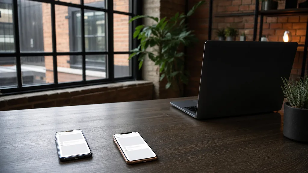 Editorial photograph of a Birmingham studio with dark brick walls, black steel glazing and phones showing blank social feed layouts
