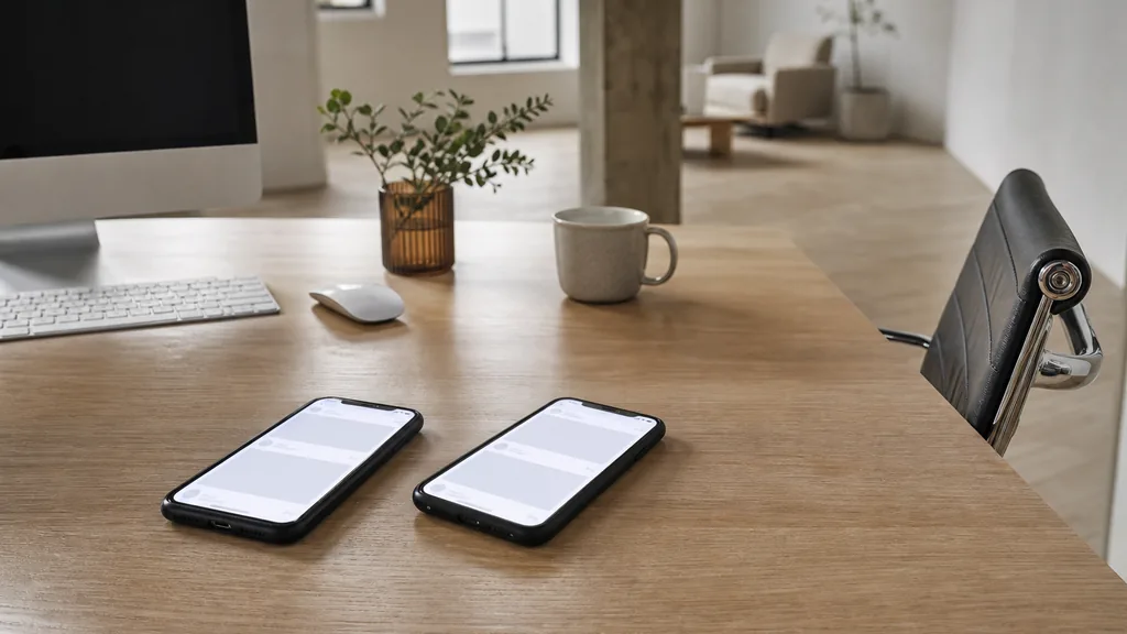 Editorial photograph of an Adelaide studio with white walls, pale timber floors and phones showing blank social feed layouts