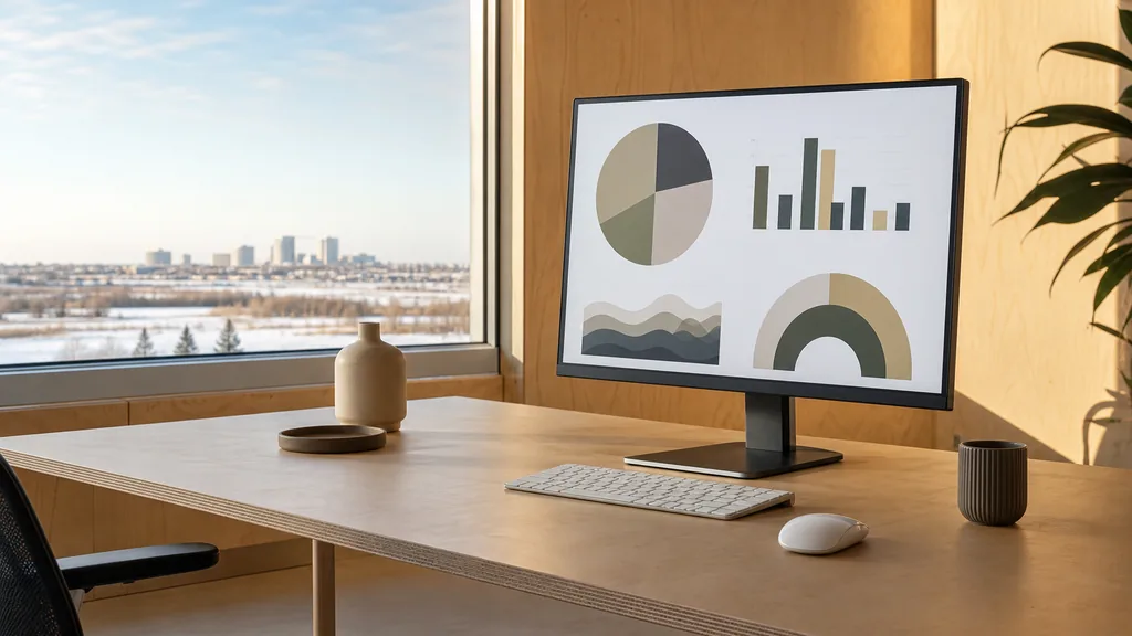 Editorial photograph of a Winnipeg studio with warm plywood walls, wide prairie daylight and abstract chart shapes on a monitor