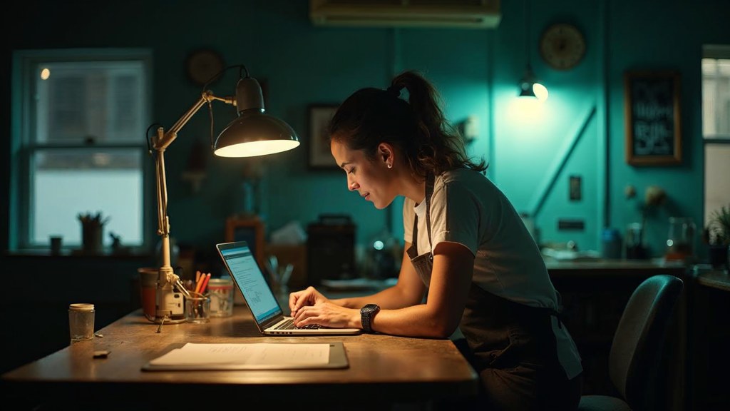 A small-business owner in an apron leaning over a laptop on a cluttered back-office desk late in the day, photographed in New Orleans