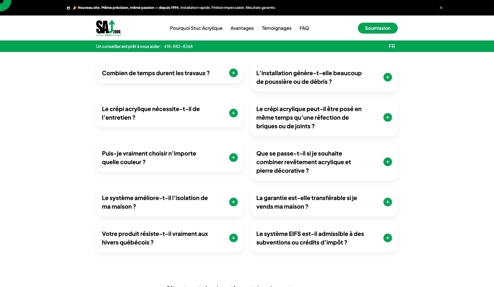 Frequently asked questions accordion on the French page, covering timelines, maintenance, colour choice and warranty transfer