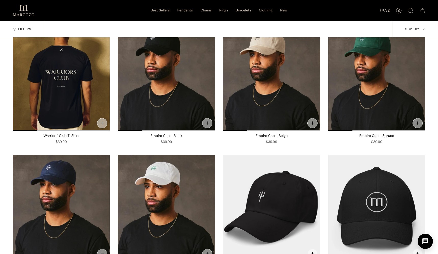 MARCOZO clothing collection page with the Warriors Club t-shirt and Empire caps on a model