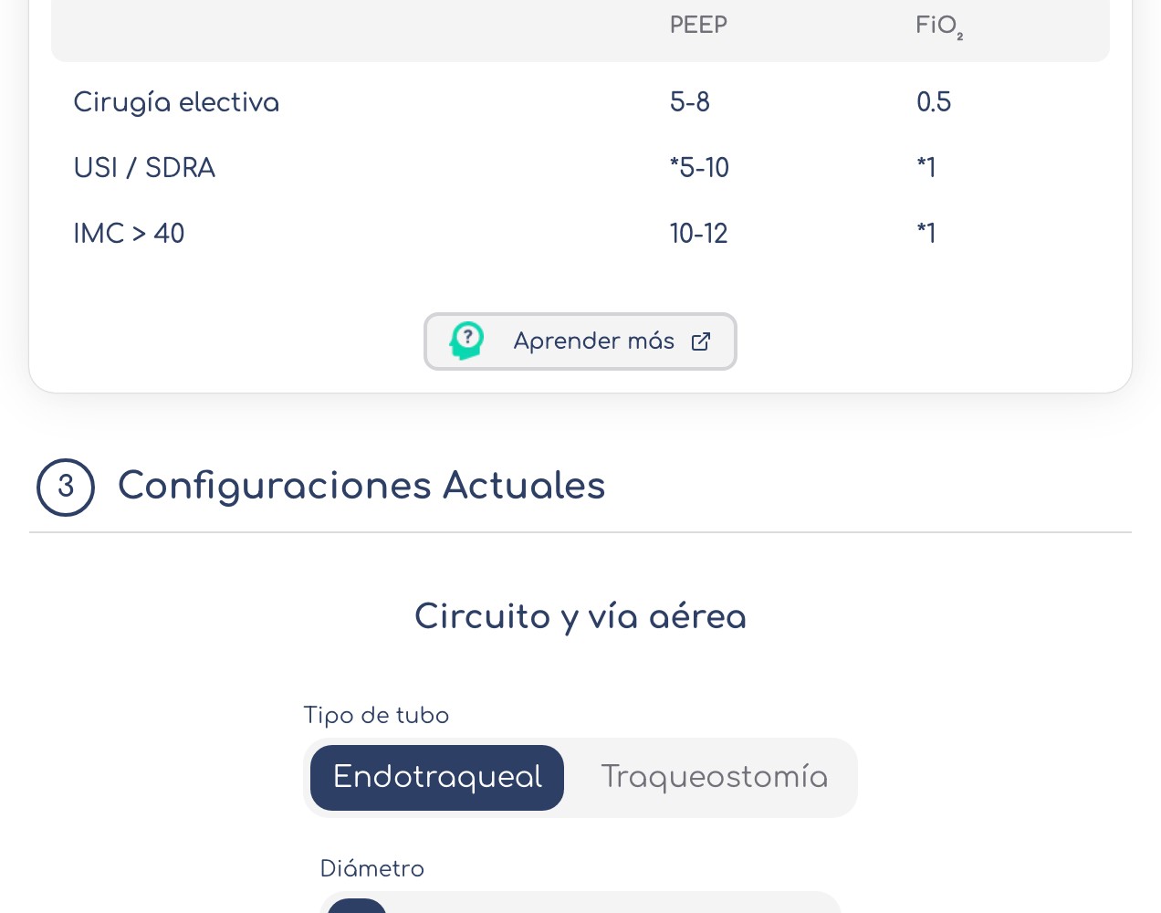 PEEP and FiO2 reference table, Spanish