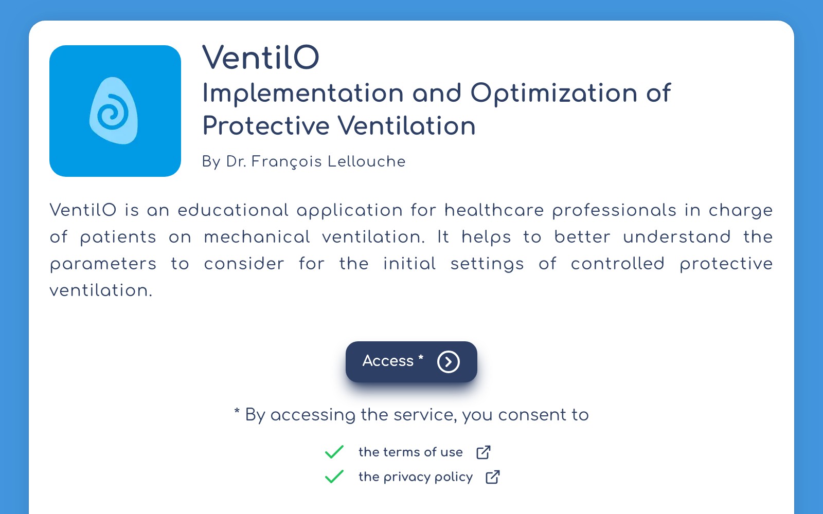 VentilO clinical web app homepage