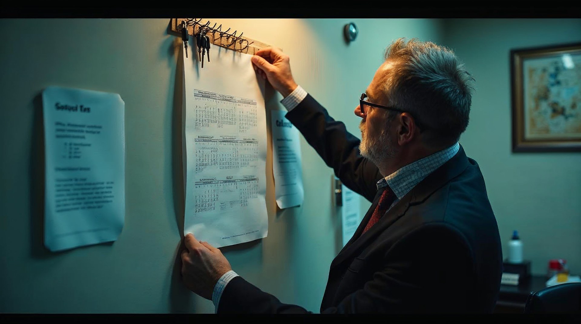 General manager of a plumbing group pinning a printed service calendar to a dispatch room wall
