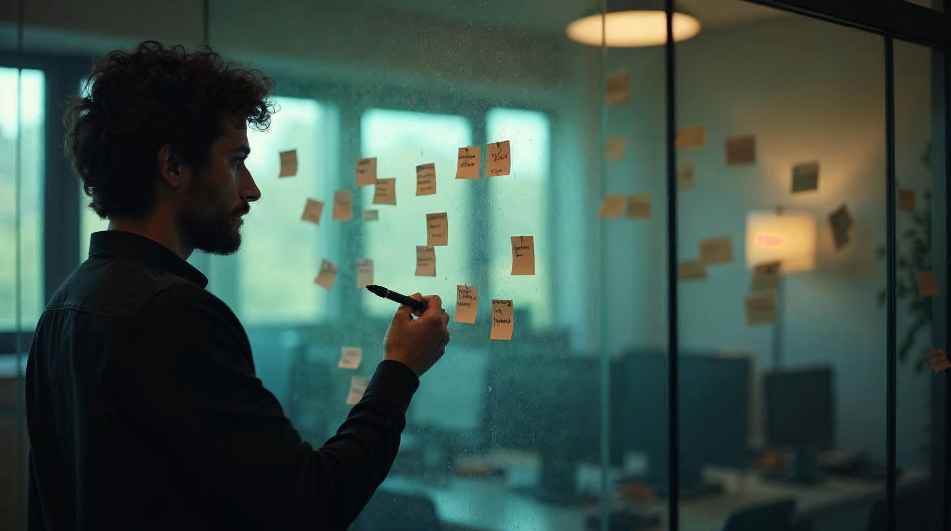 Marketing lead writing customer segment names in marker on a glass partition covered in sticky notes