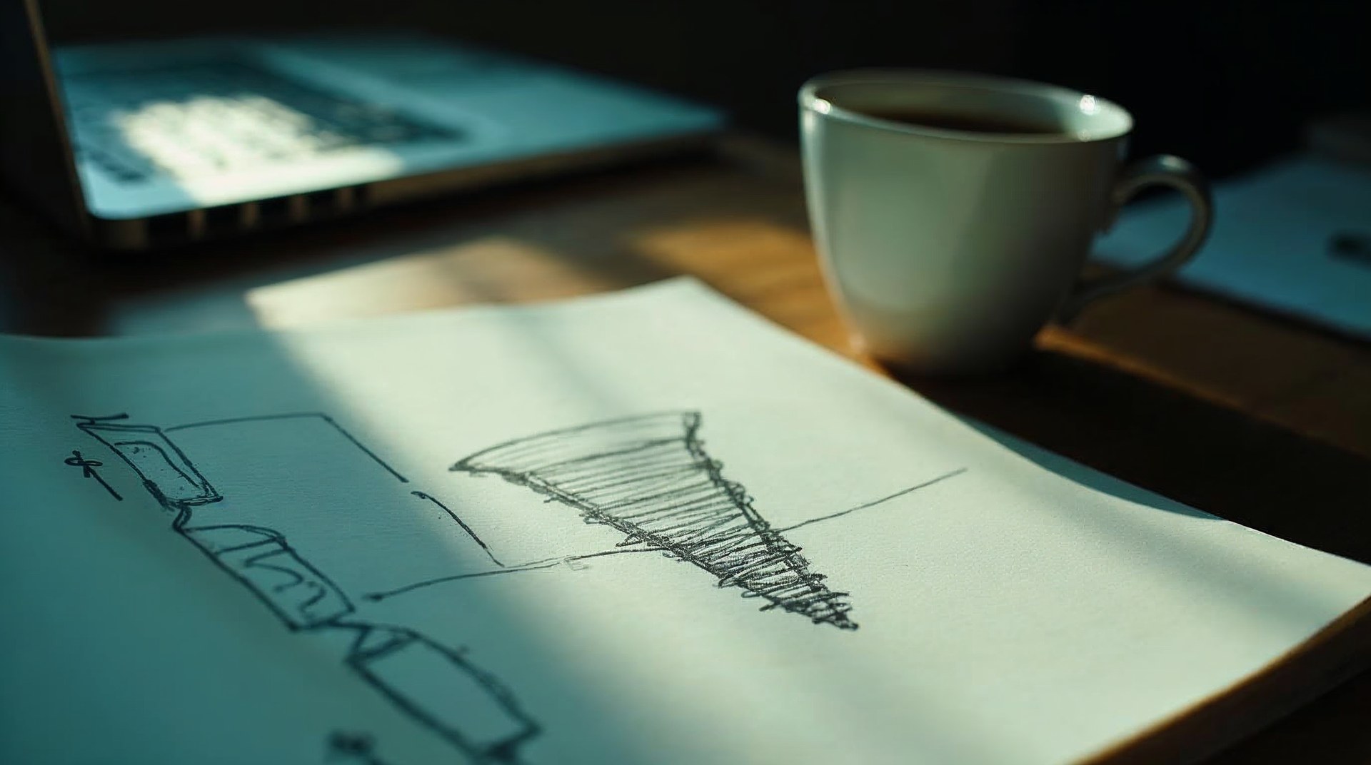 Hand-drawn funnel sketch on a paper notepad next to a printed pipeline report