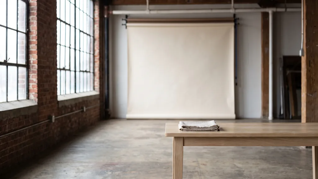 Editorial photograph of an empty photography studio in a Memphis brick warehouse conversion with a warm bone paper sweep and a plain pale ash still-life table holding folded linen, no people and no signage