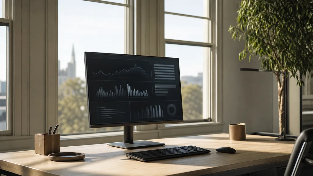 Editorial photograph of an empty analytics workspace in a Sacramento midtown office with a pale oak table, a blank wall-mounted screen and closed notebooks by a window, no people and no signage