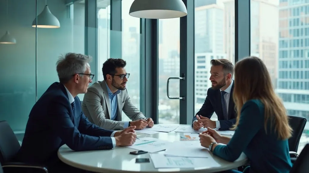 Marketing executive briefing four colleagues around a table in a glass-walled meeting room with printed charts