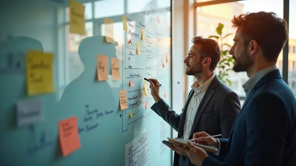 Consultant and client sponsor mapping a three-phase timeline on a glass wall with sticky notes