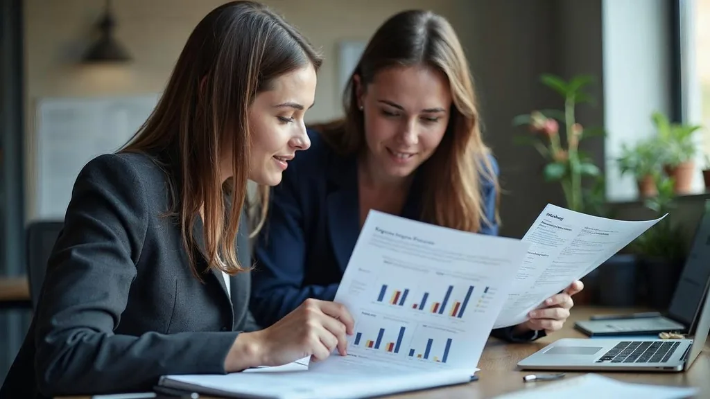 Finance lead and marketing lead reviewing a single printed one-page performance report together at a desk