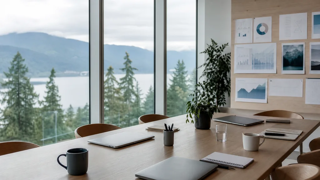 Editorial photograph of an empty modern marketing studio in a Vancouver office with pale timber, wide glass, evergreens and mountains outside and soft cool coastal daylight, a widescreen monitor showing a blank reporting view, a keyboard and a mug on a wooden desk, no people and no signage