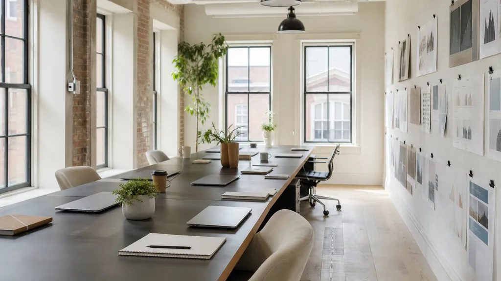 Editorial photograph of an empty modern marketing studio in a Washington DC office in a converted brick and limestone building with tall sash windows, pale plaster walls and clear bright daylight, a widescreen monitor showing a blank reporting view, a keyboard and a mug on a wooden desk, no people and no signage