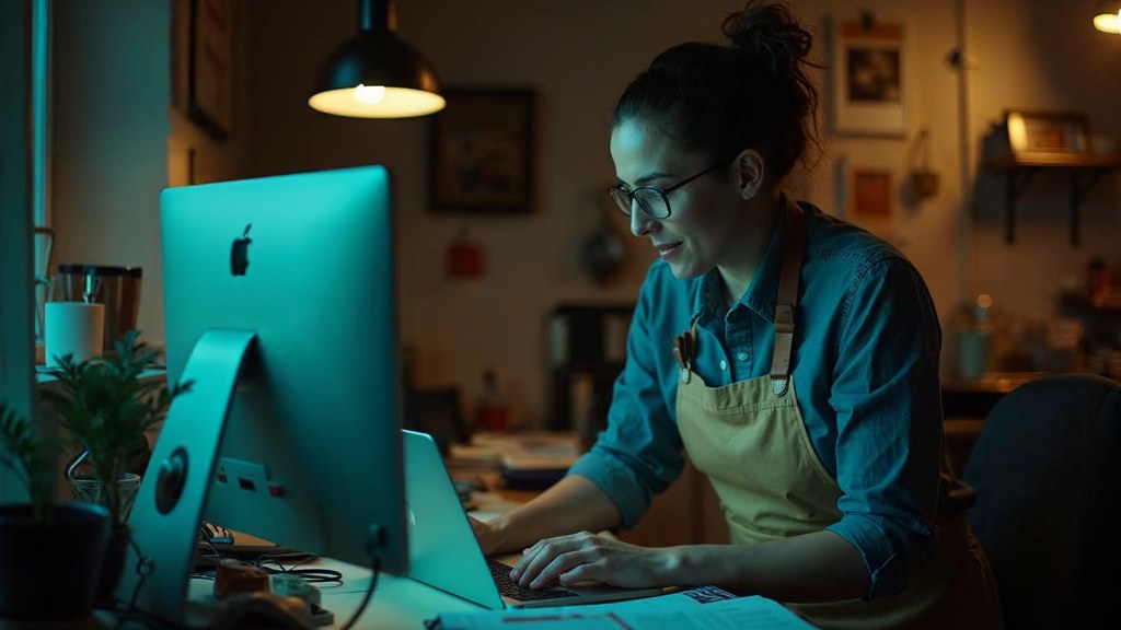A small-business owner in an apron leaning over a laptop on a cluttered back-office desk late in the day, photographed in New York