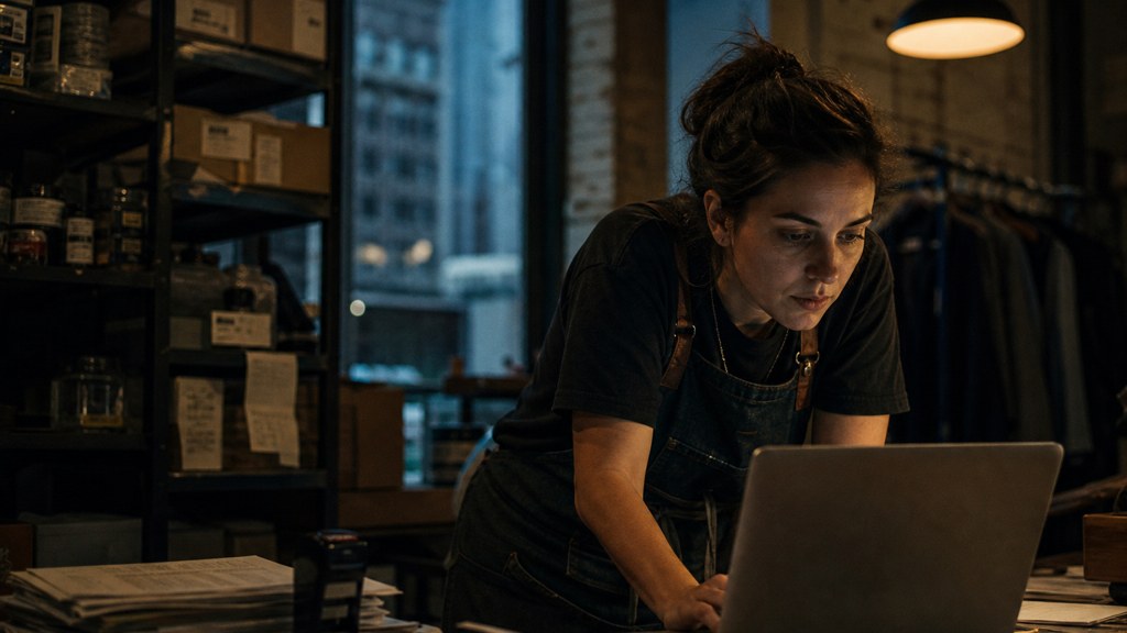 A small-business owner in an apron leaning over a laptop on a cluttered back-office desk late in the day, photographed in New York