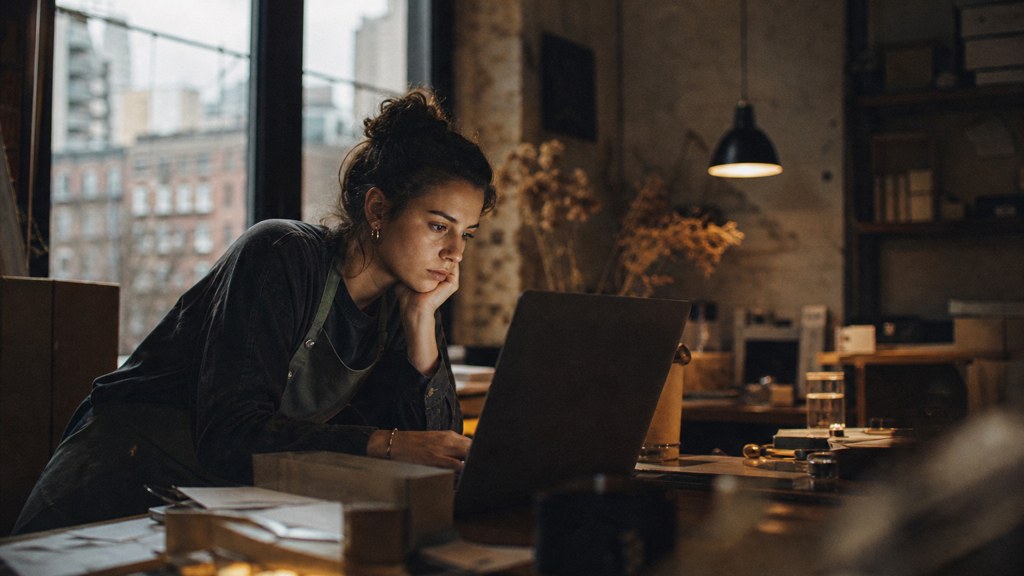 A small-business owner in an apron leaning over a laptop on a cluttered back-office desk late in the day, photographed in New York