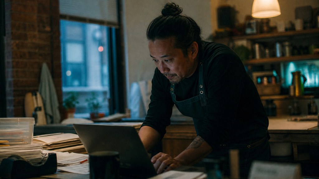 A small-business owner in an apron leaning over a laptop on a cluttered back-office desk late in the day, photographed in New York