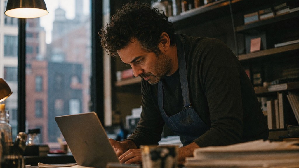 A small-business owner in an apron leaning over a laptop on a cluttered back-office desk late in the day, photographed in New York