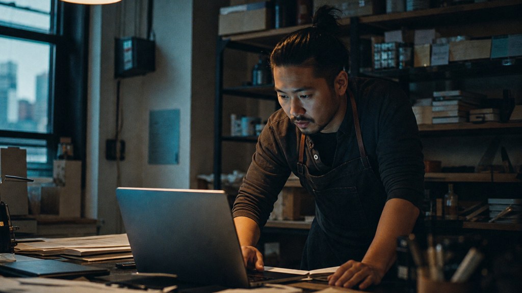 A small-business owner in an apron leaning over a laptop on a cluttered back-office desk late in the day, photographed in New York