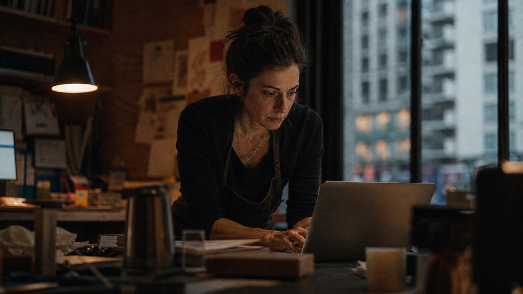 A small-business owner in an apron leaning over a laptop on a cluttered back-office desk late in the day, photographed in New York