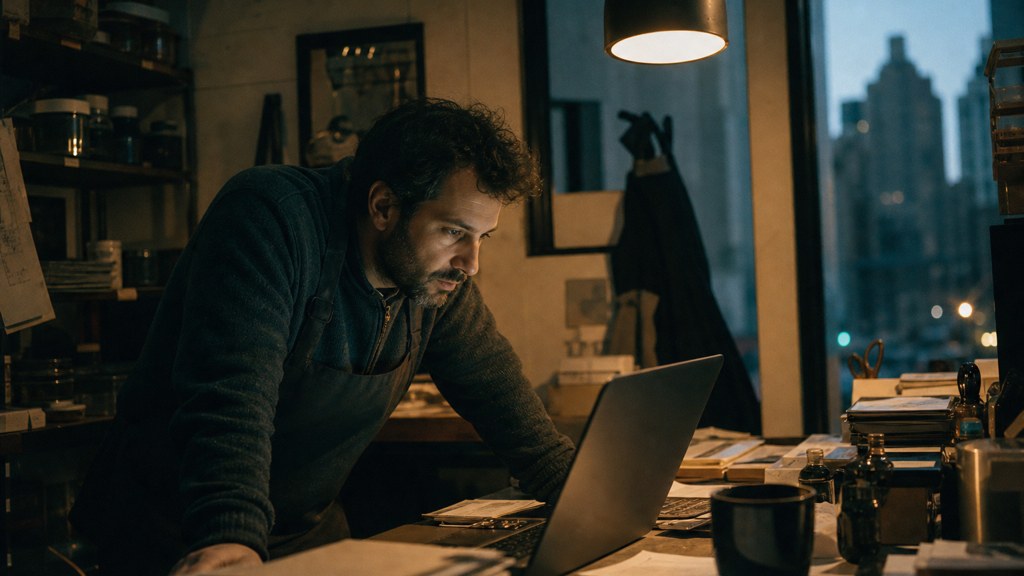 A small-business owner in an apron leaning over a laptop on a cluttered back-office desk late in the day, photographed in New York