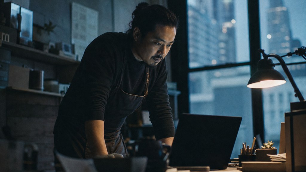 A small-business owner in an apron leaning over a laptop on a cluttered back-office desk late in the day, photographed in New York