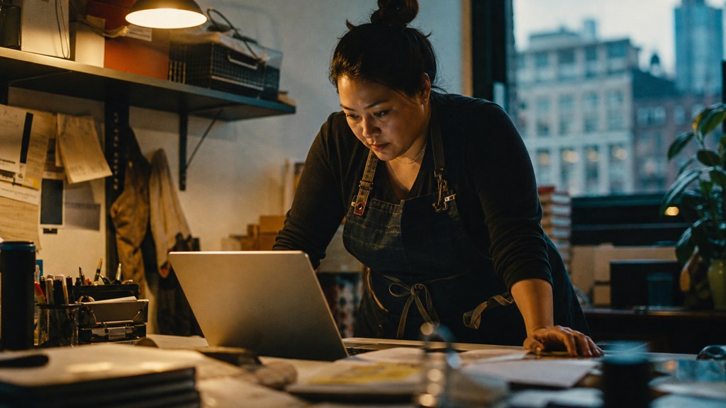 A small-business owner in an apron leaning over a laptop on a cluttered back-office desk late in the day, photographed in New York