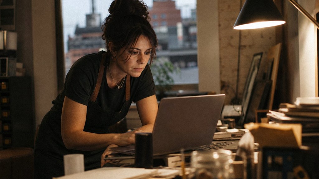 A small-business owner in an apron leaning over a laptop on a cluttered back-office desk late in the day, photographed in New York