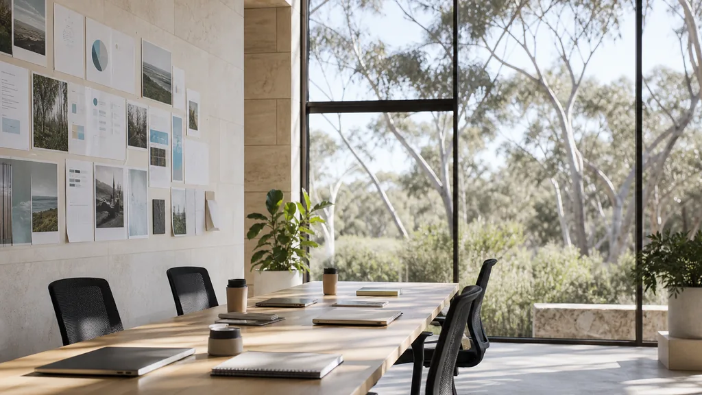 Editorial photograph of an empty modern marketing studio in a Perth office with pale limestone, wide glass and dry native eucalyptus outside in bright daylight, a long desk with closed laptops, notebooks and coffee cups and a wall of pinned charts, no people and no signage
