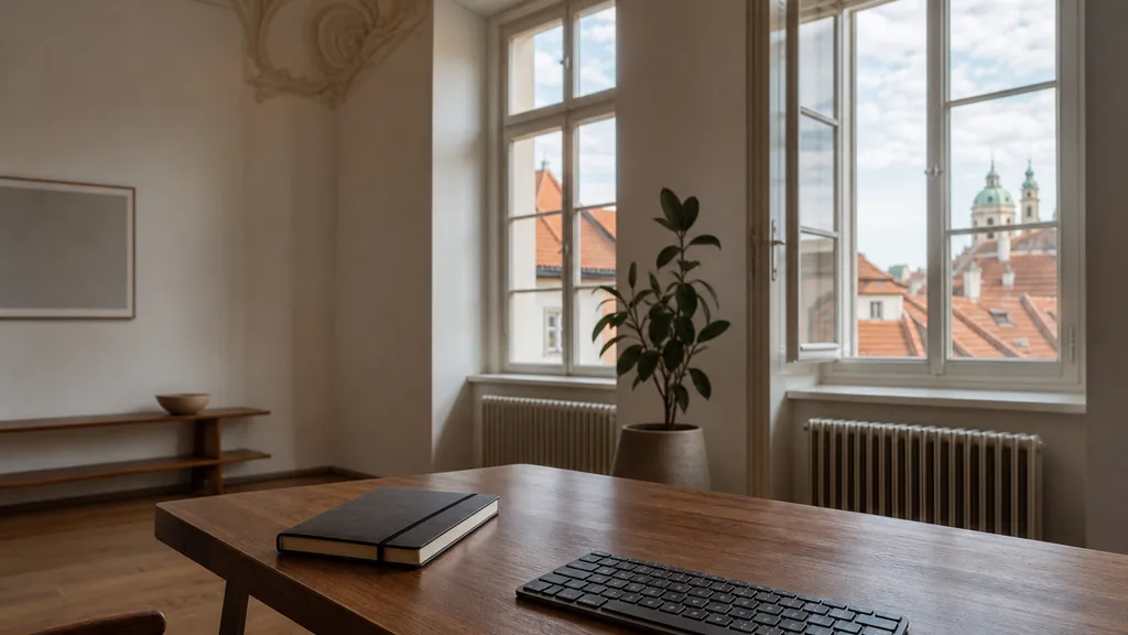 Editorial photograph of a Prague office with high ceilings, tall windows over terracotta rooftops and a bare wooden desk