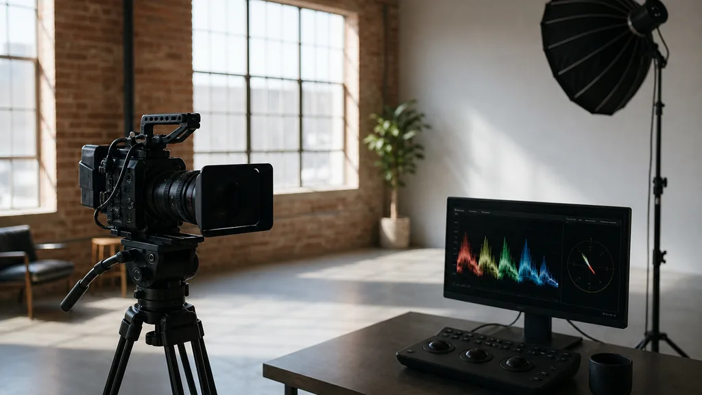 Editorial photograph of a Wichita production studio with brick walls, a cinema camera on sticks and a colour-grading monitor