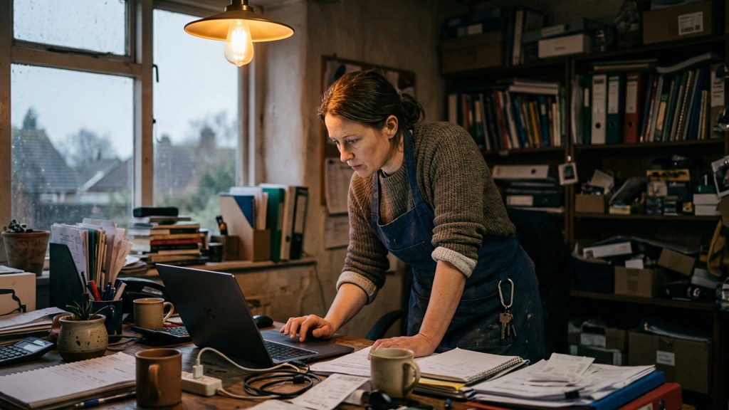 A small-business owner in an apron leaning over a laptop on a cluttered back-office desk late in the day, photographed in Norfolk