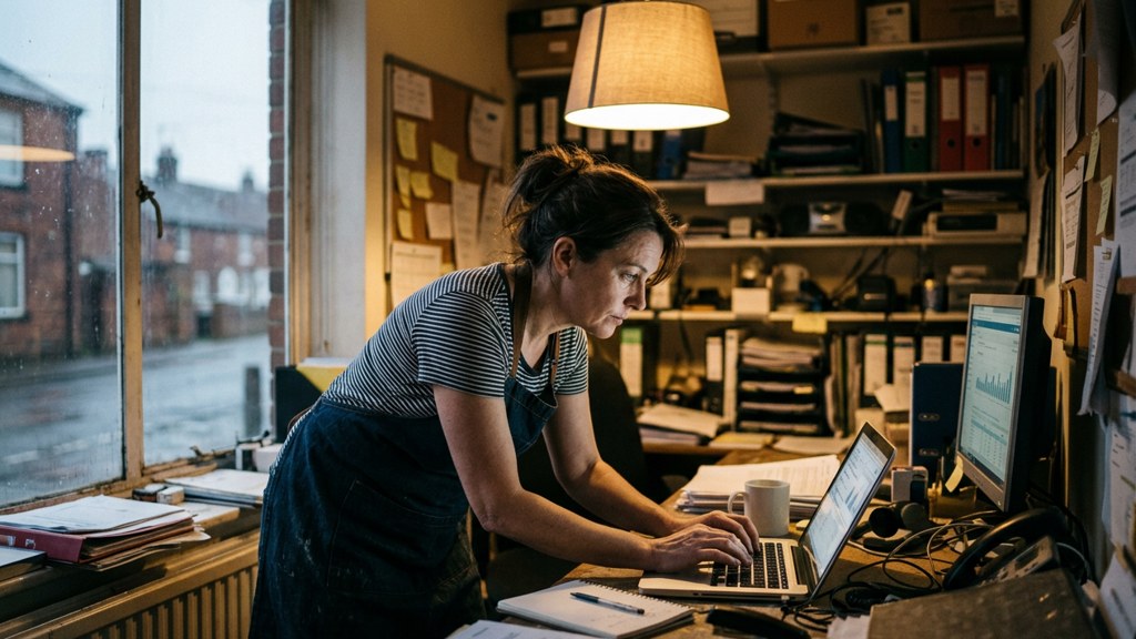 A small-business owner in an apron leaning over a laptop on a cluttered back-office desk late in the day, photographed in Norfolk