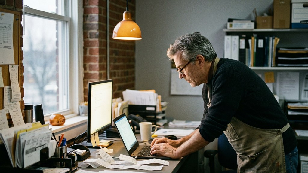 A small-business owner in an apron leaning over a laptop on a cluttered back-office desk late in the day, photographed in Norfolk