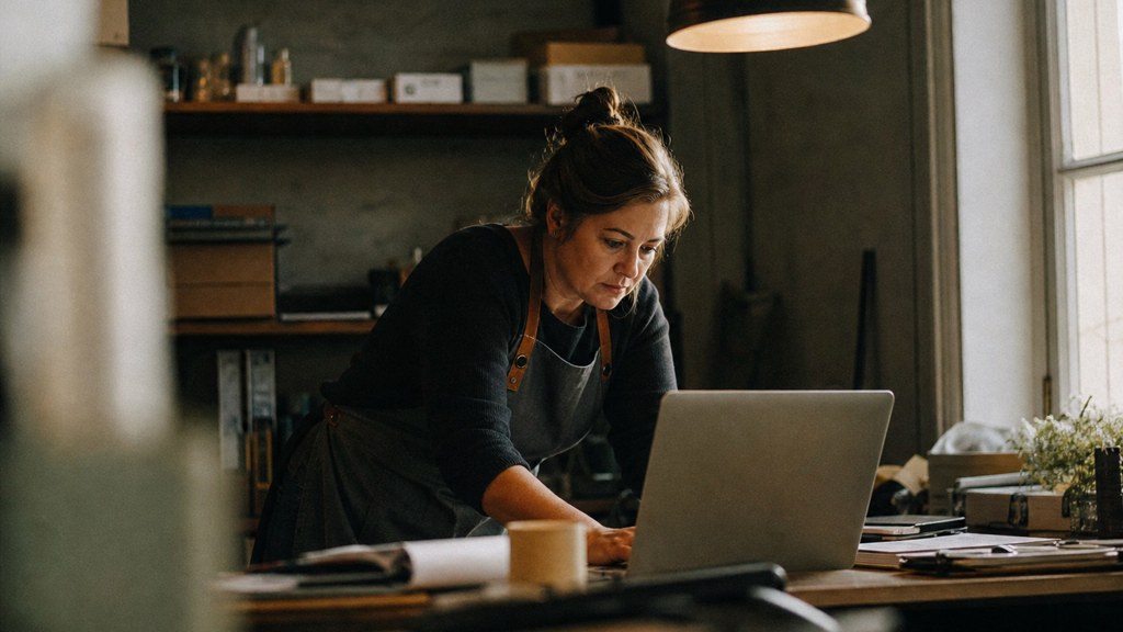 A small-business owner in an apron leaning over a laptop on a cluttered back-office desk late in the day, photographed in Norfolk