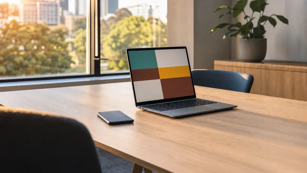 Editorial photograph of an Adelaide office with warm afternoon light, a laptop on a light timber desk and a phone face down