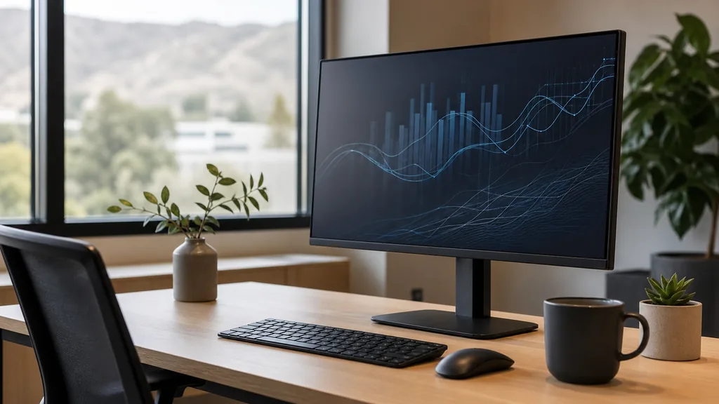 Editorial photograph of a Santa Clarita office with a wide monitor showing abstract chart shapes and a keyboard on a pale oak desk