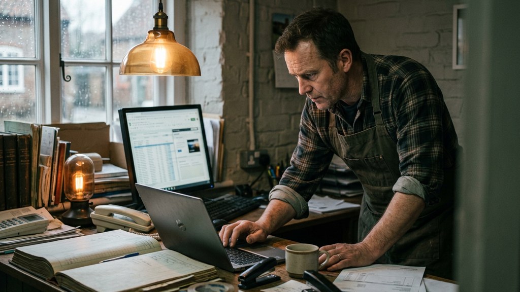 A small-business owner in an apron leaning over a laptop on a cluttered back-office desk late in the day, photographed in Norfolk