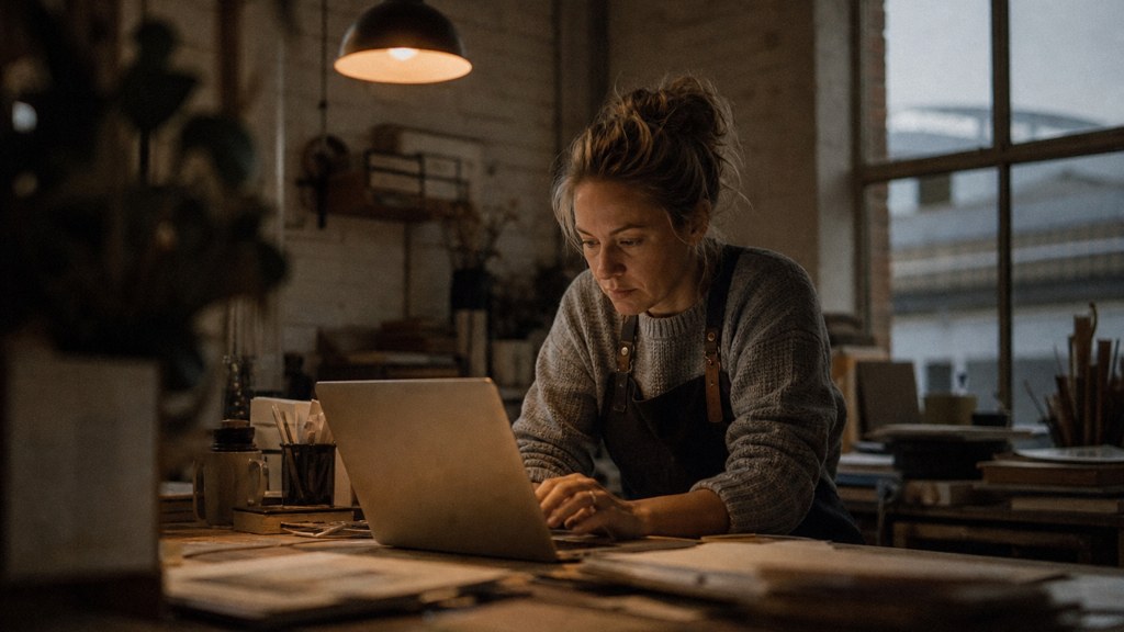 A small-business owner in an apron leaning over a laptop on a cluttered back-office desk late in the day, photographed in Norfolk
