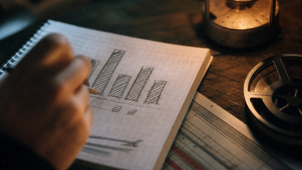 Hand-drawn column chart of retail versus insurance roofing jobs on graph paper beside printed production schedules