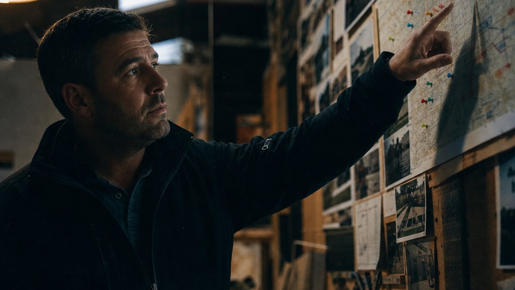 Roofing operations director in front of a pinboard of job photographs and a regional map with coloured pins