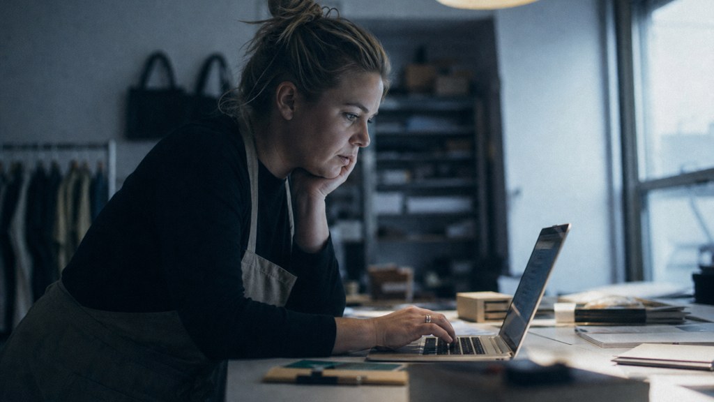 A small-business owner in an apron leaning over a laptop on a cluttered back-office desk late in the day, photographed in Norfolk