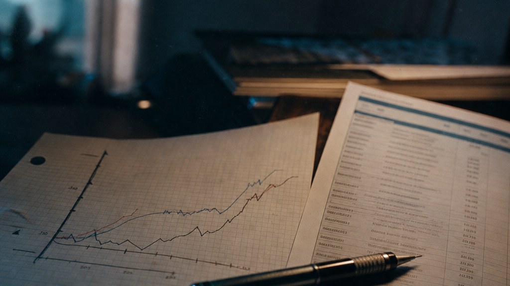 Hand-drawn chart comparing unit revenue spread on graph paper beside a printed ad fund statement