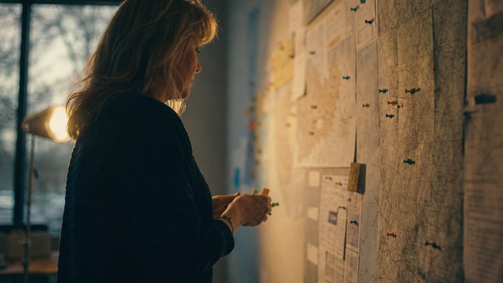 Franchise brand marketing director standing at a wall of printed territory maps marked with coloured pins