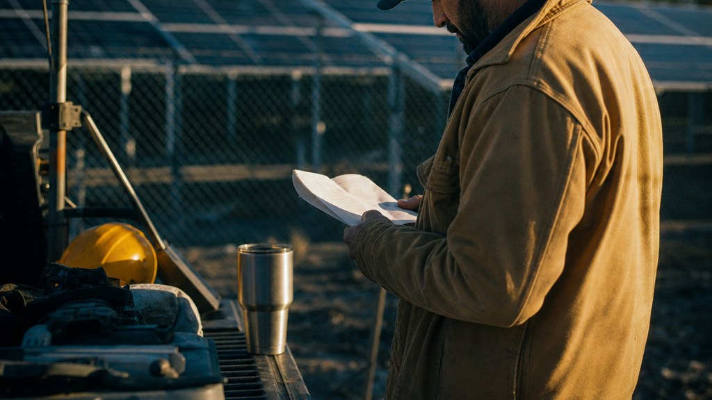 Solar installation manager reviewing a printed backlog list on a tailgate beside racked panels in an equipment yard